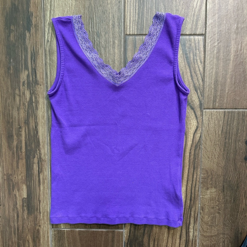 Kettlewell Purple Lace Trim Ribbed V-Neck Tank Top Cami Medium Cotton Blend
